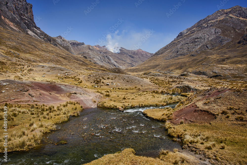 Beautiful sceneries along the Guñoc hot springs at Viconga on the Cordillera Huayhuash circuit, Anca