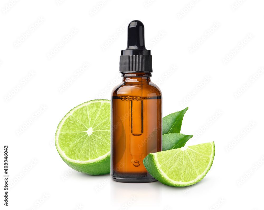 Green lime essential oil with fruit  and sliced isolated on white background.