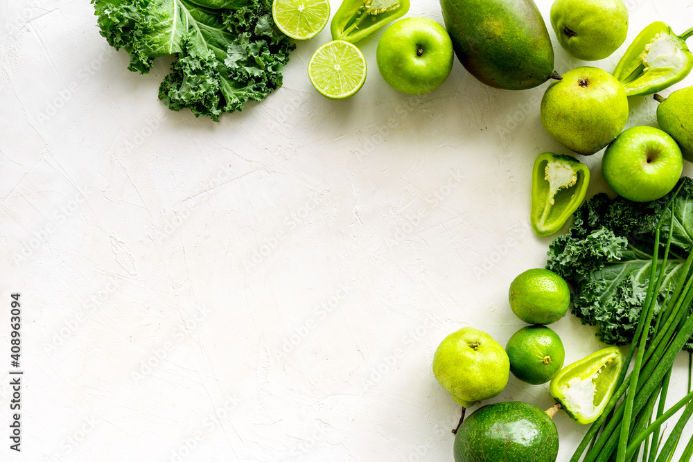 Green vegetables and herbs set, top view