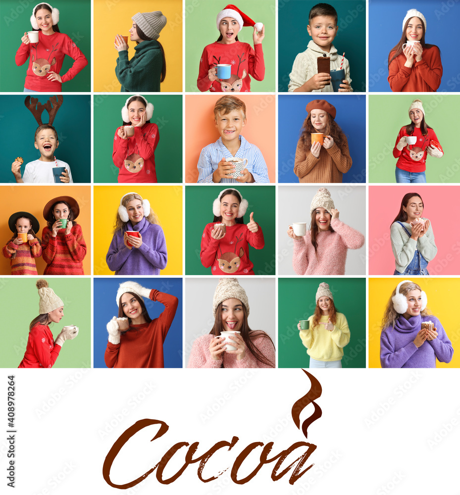 Collage of different people drinking hot chocolate on color background