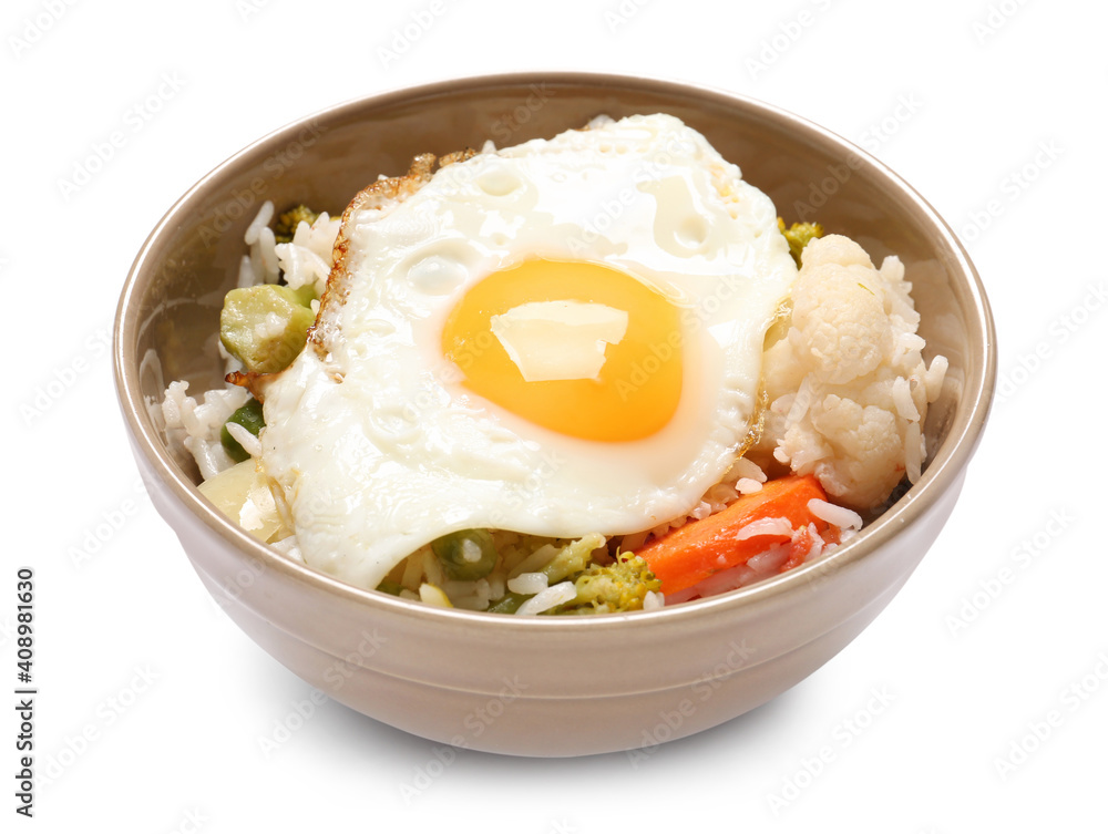 Bowl with tasty egg, vegetables and rice on white background