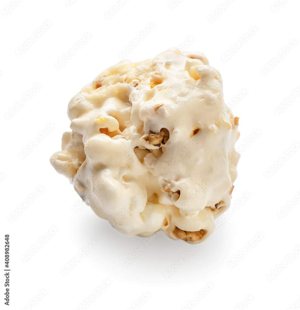 Tasty popcorn ball on white background