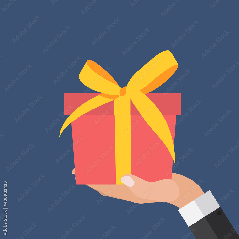 Hand with Gift Box Flat Design. Present, Gift, Сoupon Concept. Vector Illustration EPS10