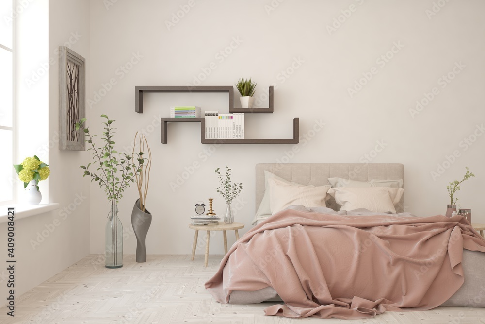 White bedroom interior. Scandinavian design. 3D illustration