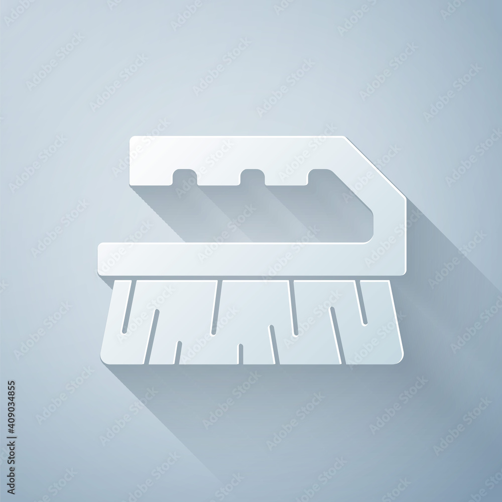 Paper cut Brush for cleaning icon isolated on grey background. Paper art style. Vector.