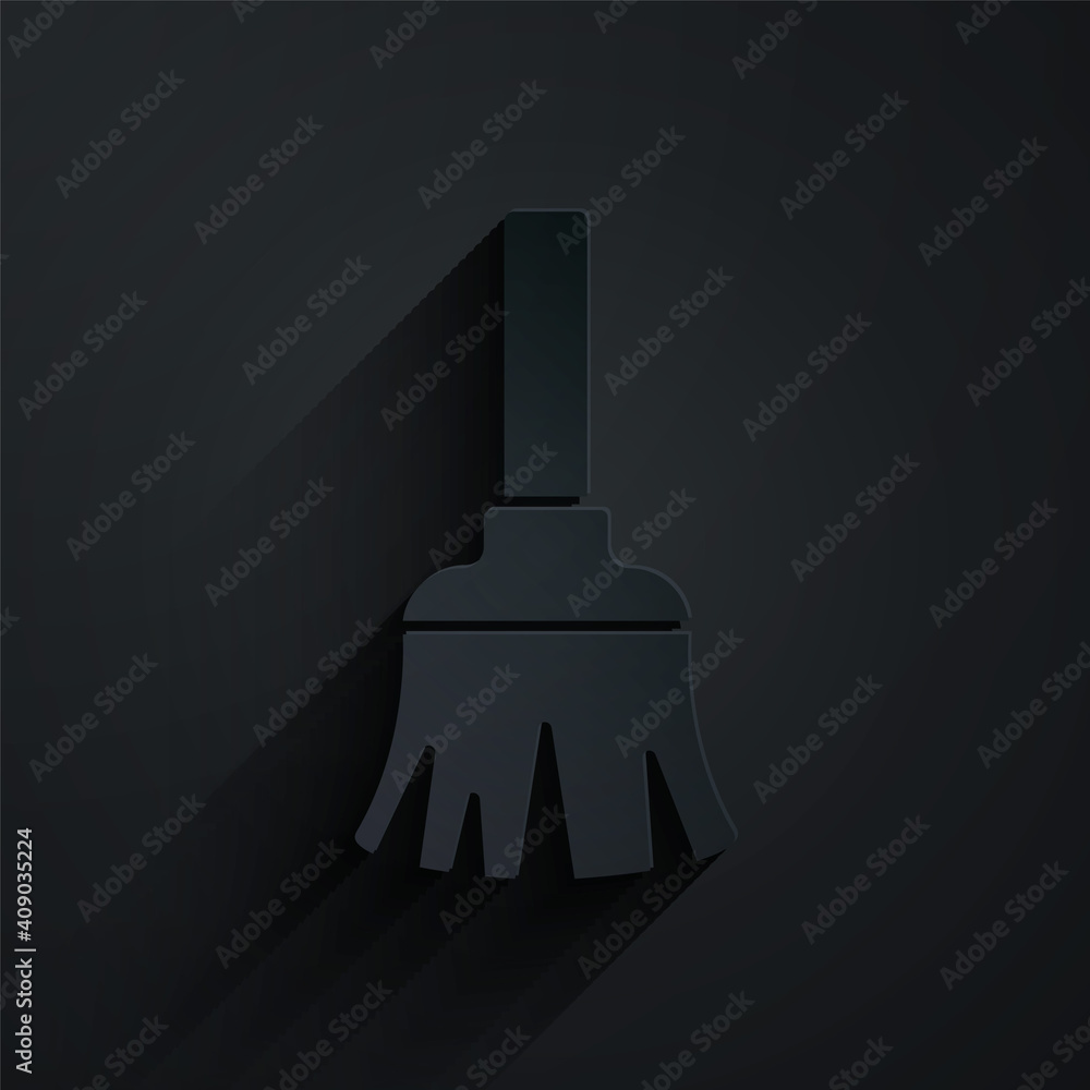 Paper cut Feather broom for cleaning icon isolated on black background. Feather duster. Paper art st