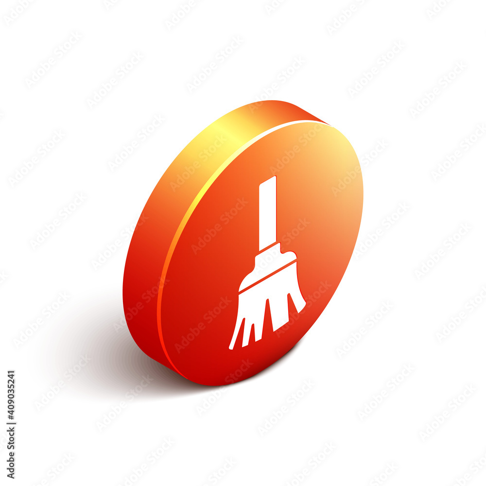 Isometric Feather broom for cleaning icon isolated on white background. Feather duster. Orange circl