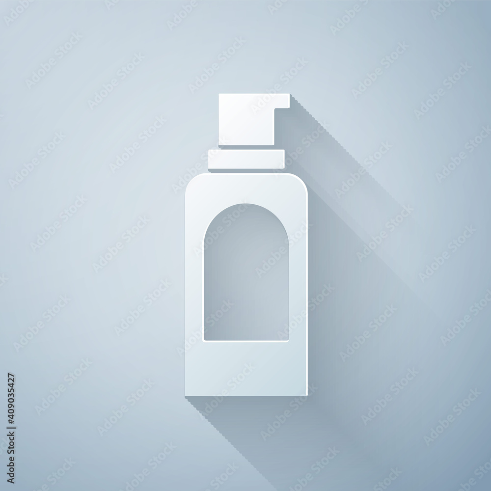 Paper cut Spray can for hairspray, deodorant, antiperspirant icon isolated on grey background. Paper