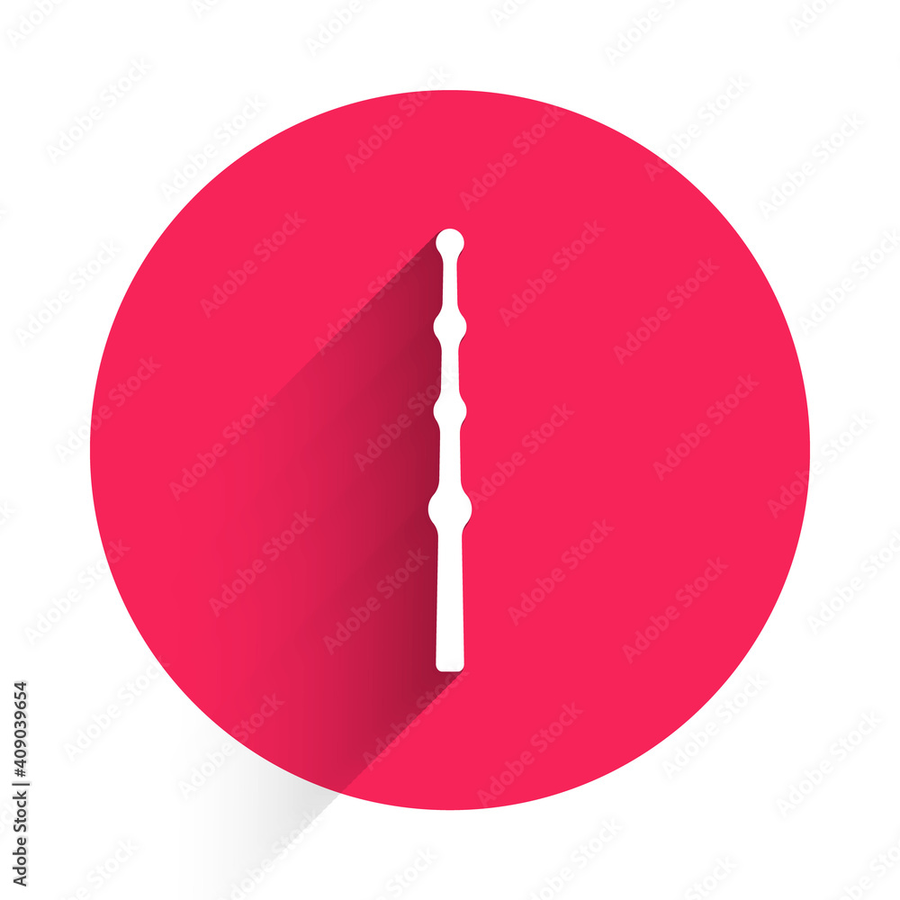 White Magic wand icon isolated with long shadow. Star shape magic accessory. Magical power. Red circ