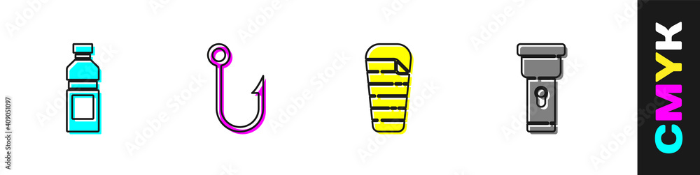 Set Bottle of water, Fishing hook, Sleeping bag and Flashlight icon. Vector.