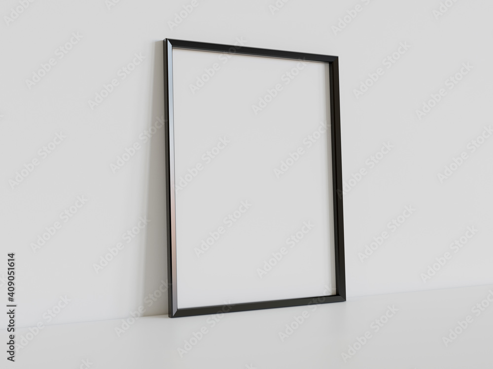 Black frame leaning on white floor in interior mockup. Template of a picture framed on a wall 3D ren