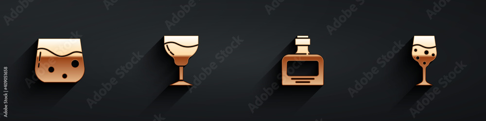 Set Glass of whiskey, Wine glass, Whiskey bottle and champagne icon with long shadow. Vector.