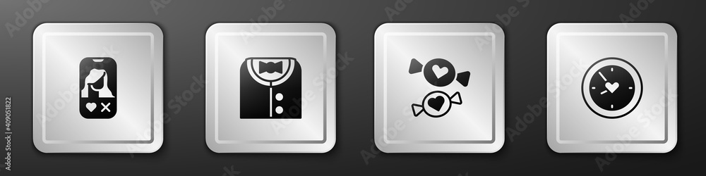 Set Dating app online, Suit, Candy and Clock with heart icon. Silver square button. Vector.