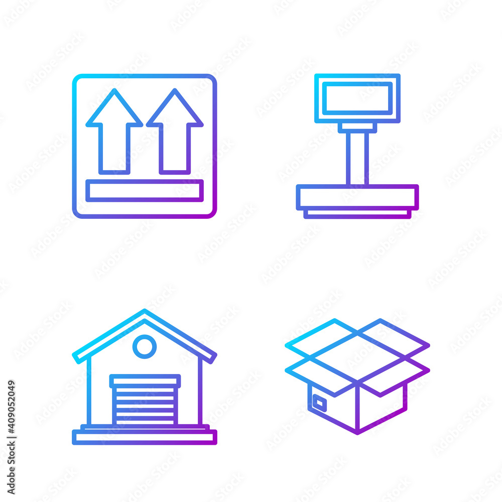 Set line Carton cardboard box, Warehouse, This side up and Scale. Gradient color icons. Vector.