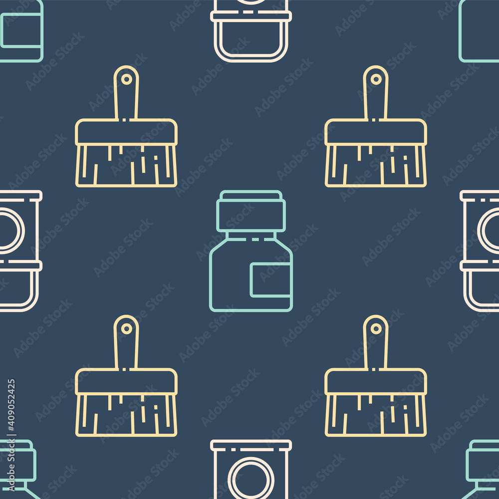 Set line Paint bucket, Paint brush and Paint, gouache, jar, dye on seamless pattern. Vector.