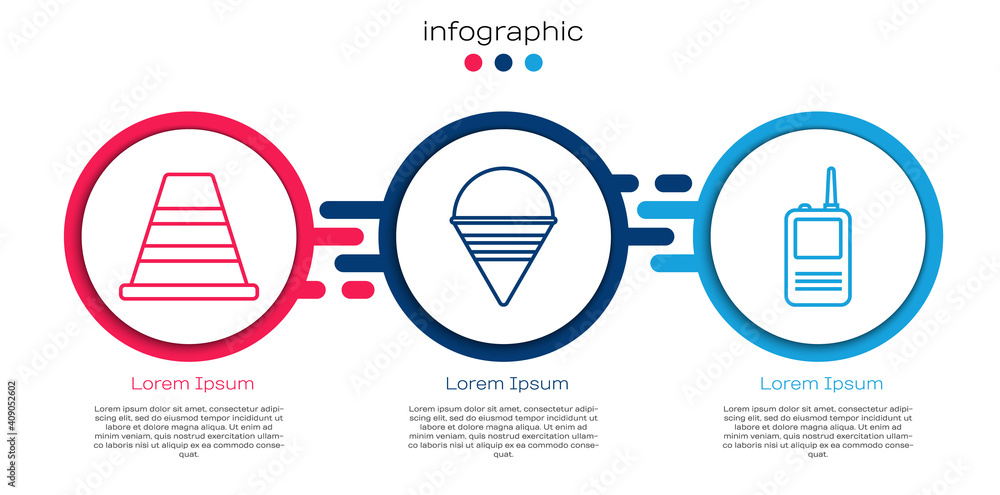 Set line Traffic cone, Fire cone bucket and Walkie talkie. Business infographic template. Vector.