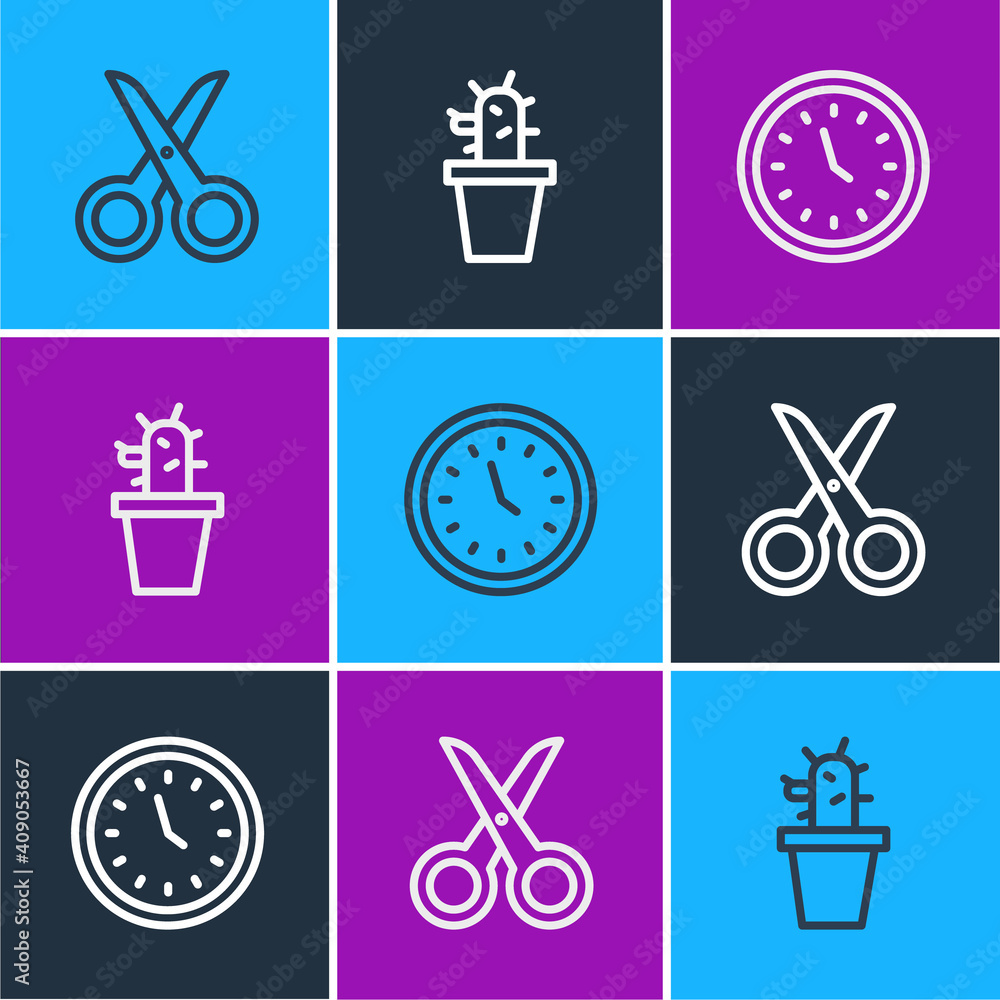 Set line Scissors, Clock and Cactus and succulent in pot icon. Vector.