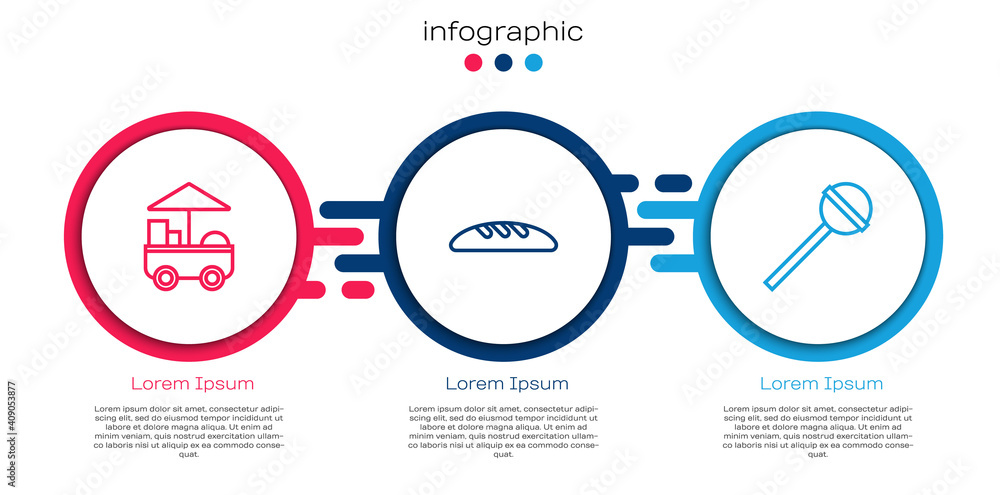 设置线快速街头食品车，面包条和棒棒糖。商业信息图形模板。矢量。