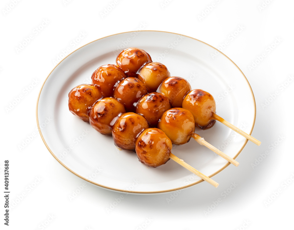 Mitarashi dango placed on a white background