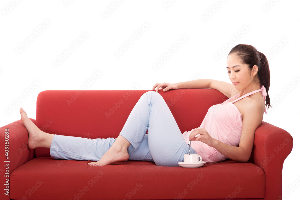 Oriental fashion woman drinking coffee