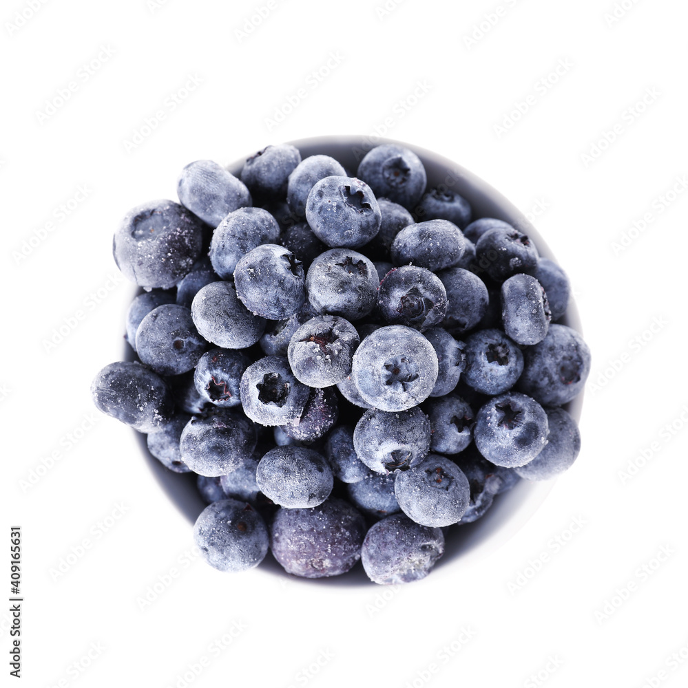 Bowl with frozen tasty blueberry on white background