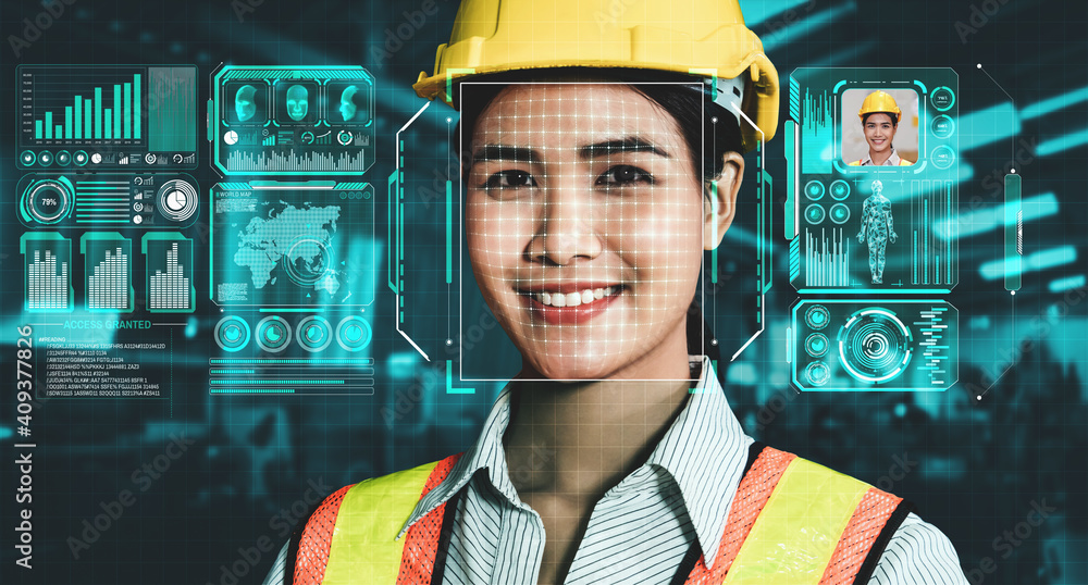 Facial recognition technology for industry worker to access machine control . Future concept interfa