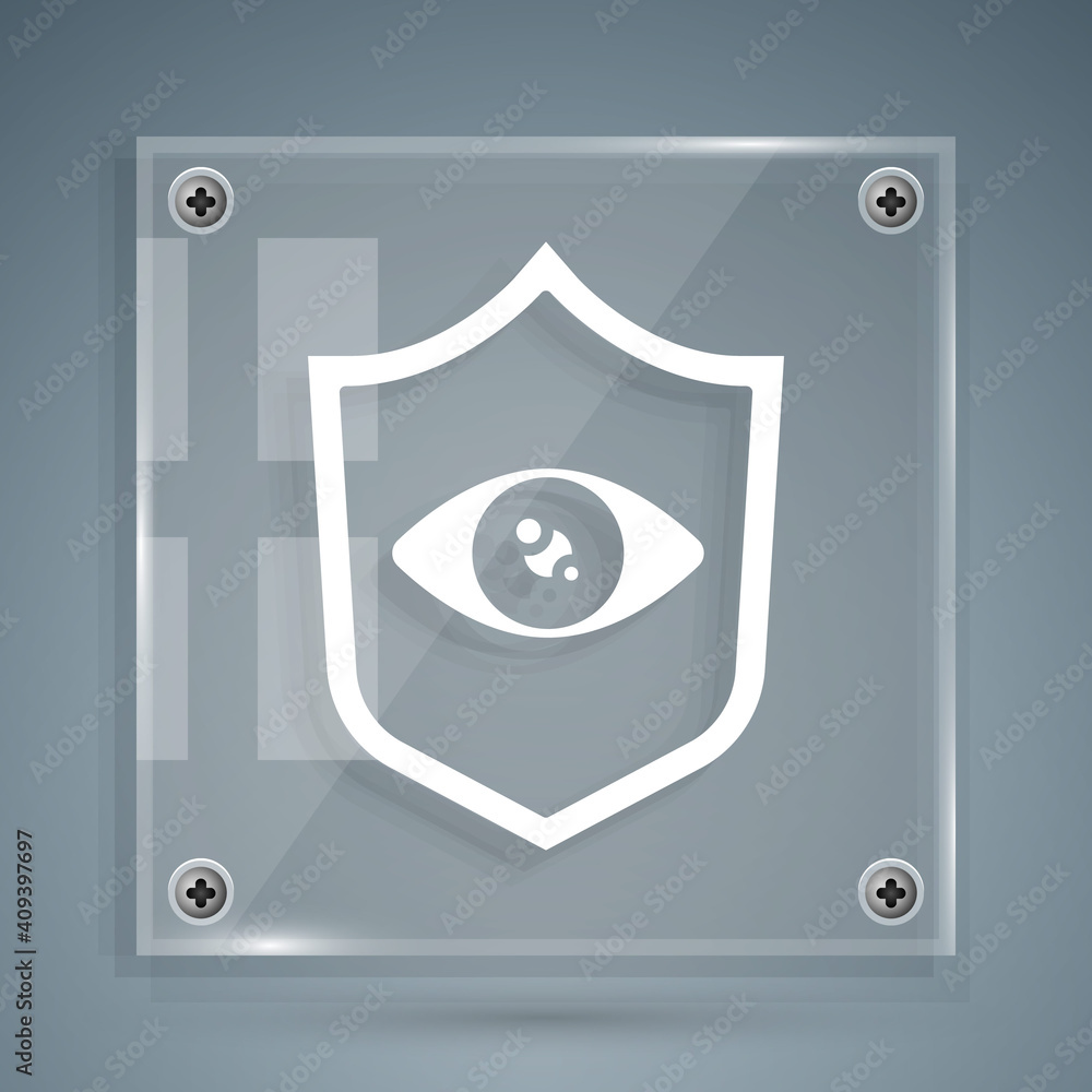 White Shield eye scan icon isolated on grey background. Scanning eye. Security check symbol. Cyber e