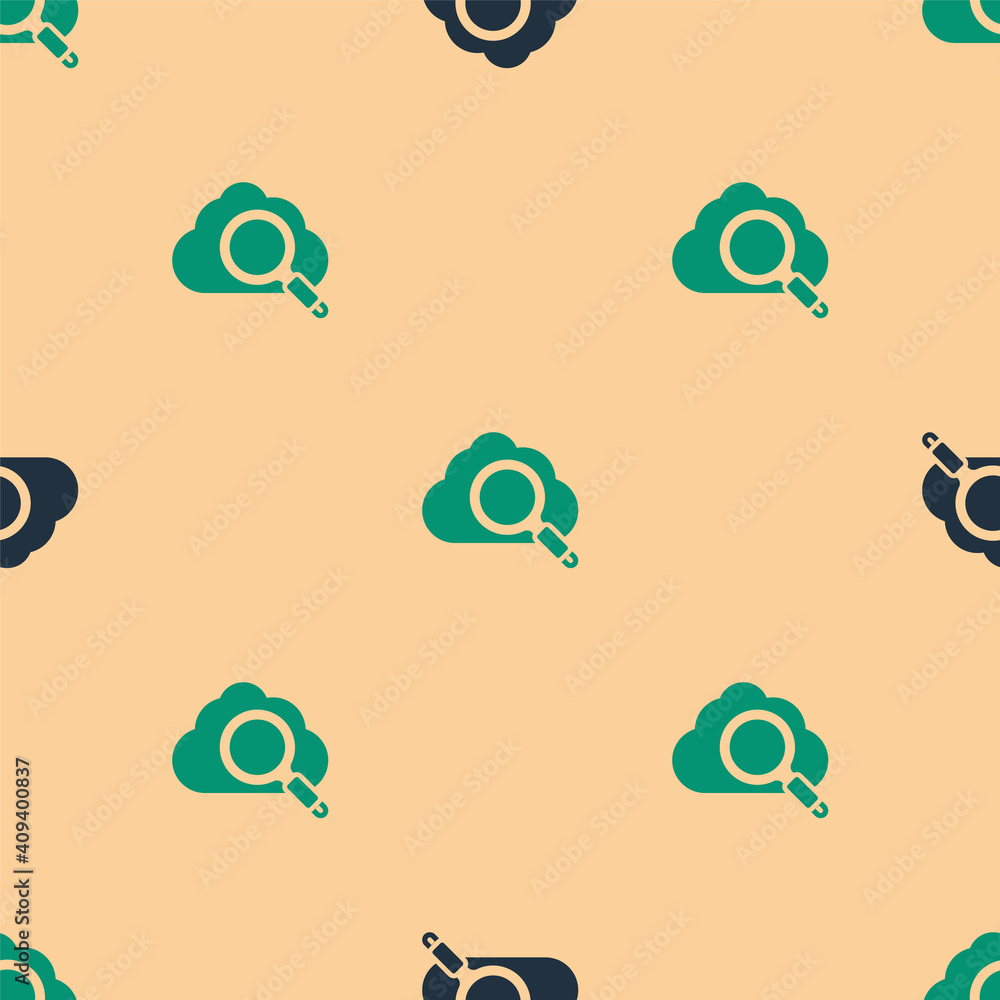 Green and black Search cloud computing icon isolated seamless pattern on beige background. Magnifyin