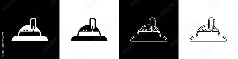 Set Hunter hat icon isolated on black and white background. Plaid winter hat. Vector.