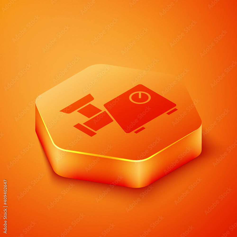 Isometric Kitchen meat grinder icon isolated on orange background. Orange hexagon button. Vector.