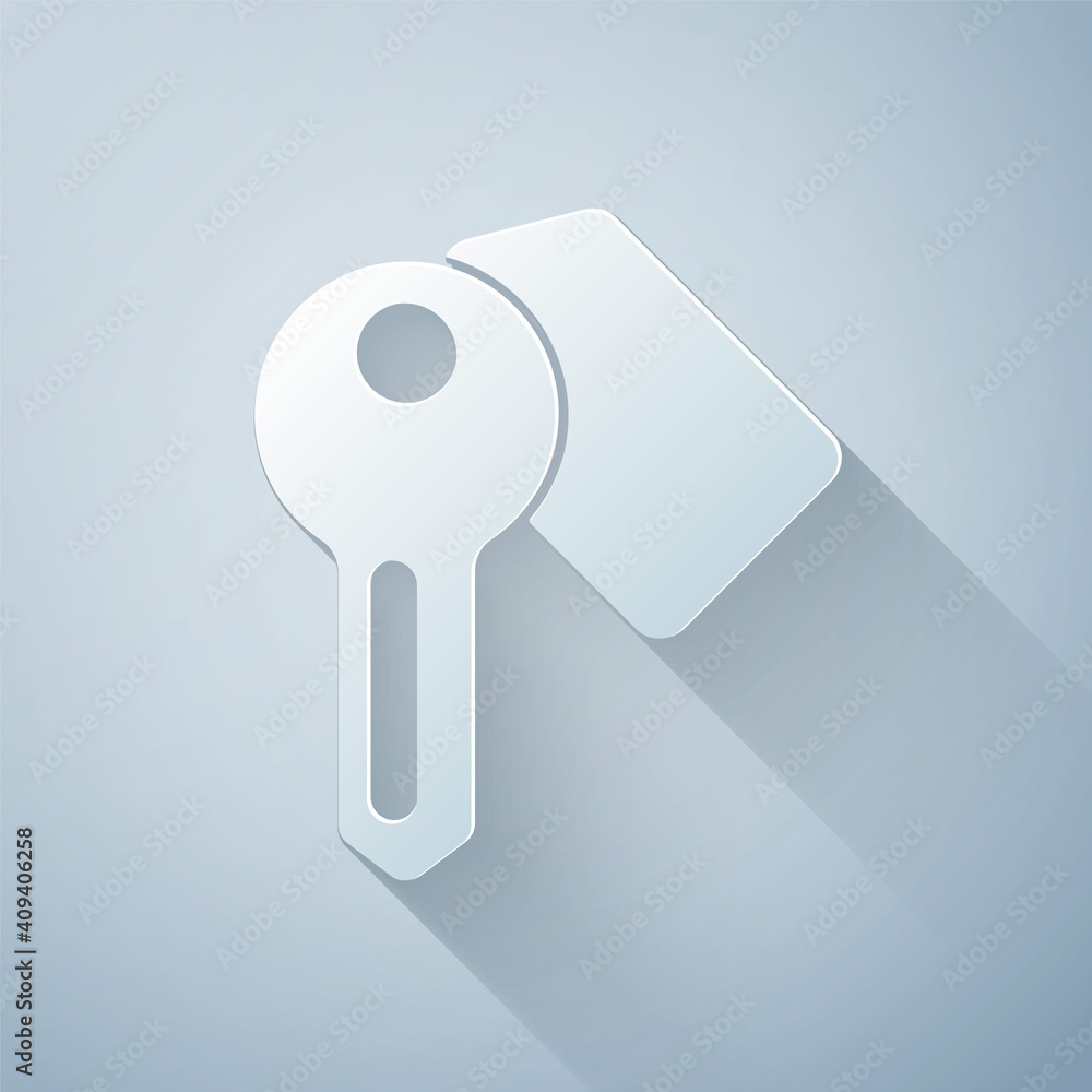 Paper cut Hotel door lock key icon isolated on grey background. Paper art style. Vector.