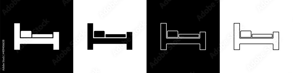 将酒店房间的床图标隔离在黑白背景上。矢量。