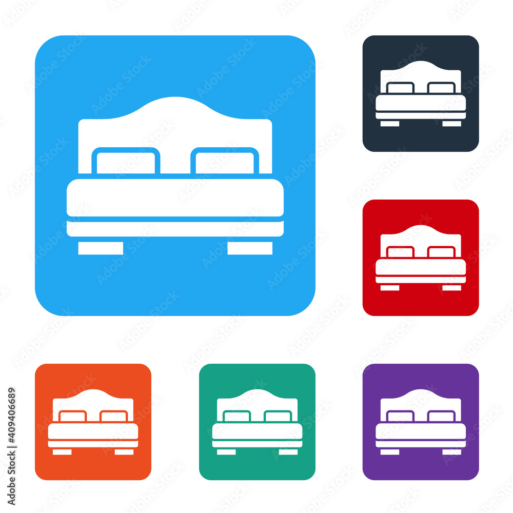 White Hotel room bed icon isolated on white background. Set icons in color square buttons. Vector.