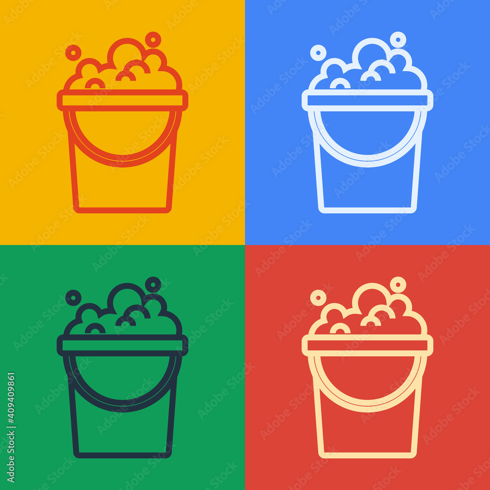 Pop art line Bucket with soap suds icon isolated on color background. Bowl with water. Washing cloth