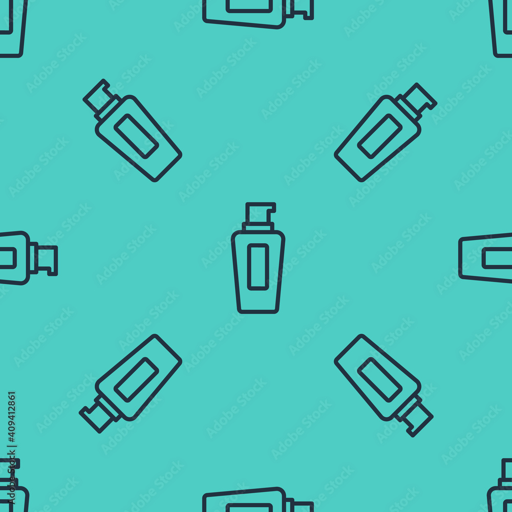 Black line Bottle of shampoo icon isolated seamless pattern on green background. Vector.