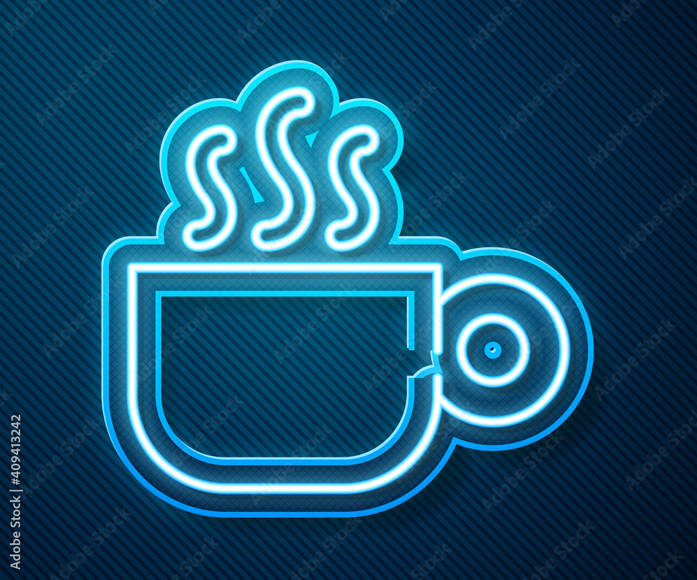 Glowing neon line Coffee cup icon isolated on blue background. Tea cup. Hot drink coffee. Vector.