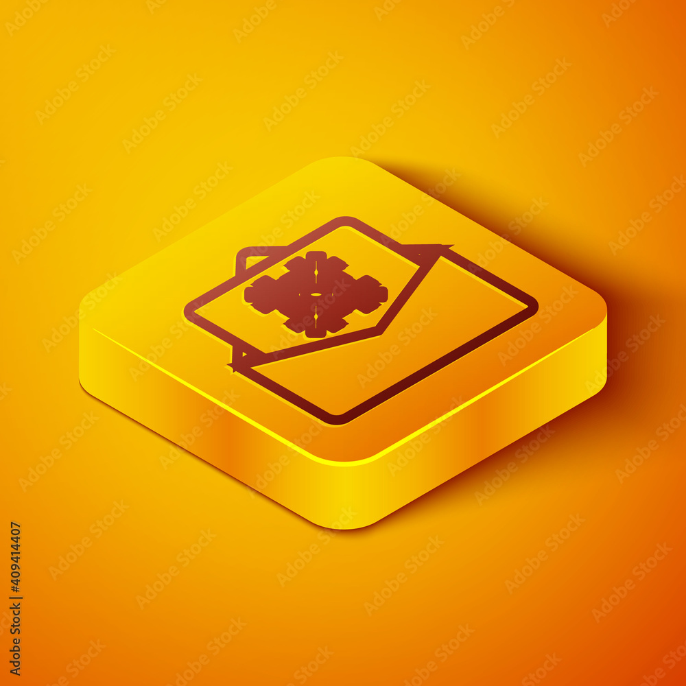 Isometric line Christmas postcard icon isolated on orange background. Merry Christmas and Happy New 