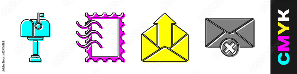 设置邮箱、邮政戳、发送邮件和删除信封图标。矢量。