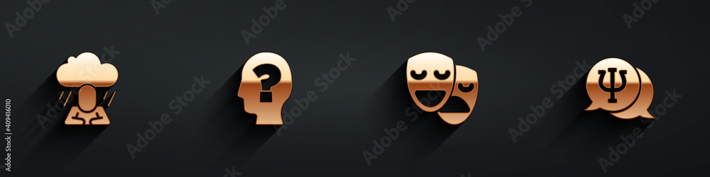 Set Depression, Head with question mark, Comedy and tragedy masks and Psychology, Psi icon with long