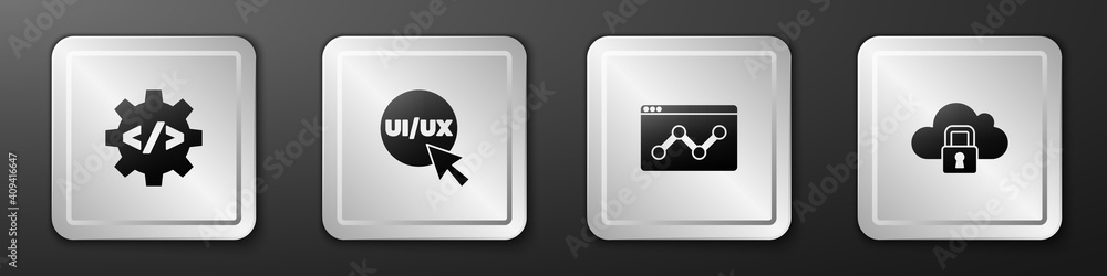 设置前端开发、UI或UX设计、网站统计和云计算锁定图标。银色
