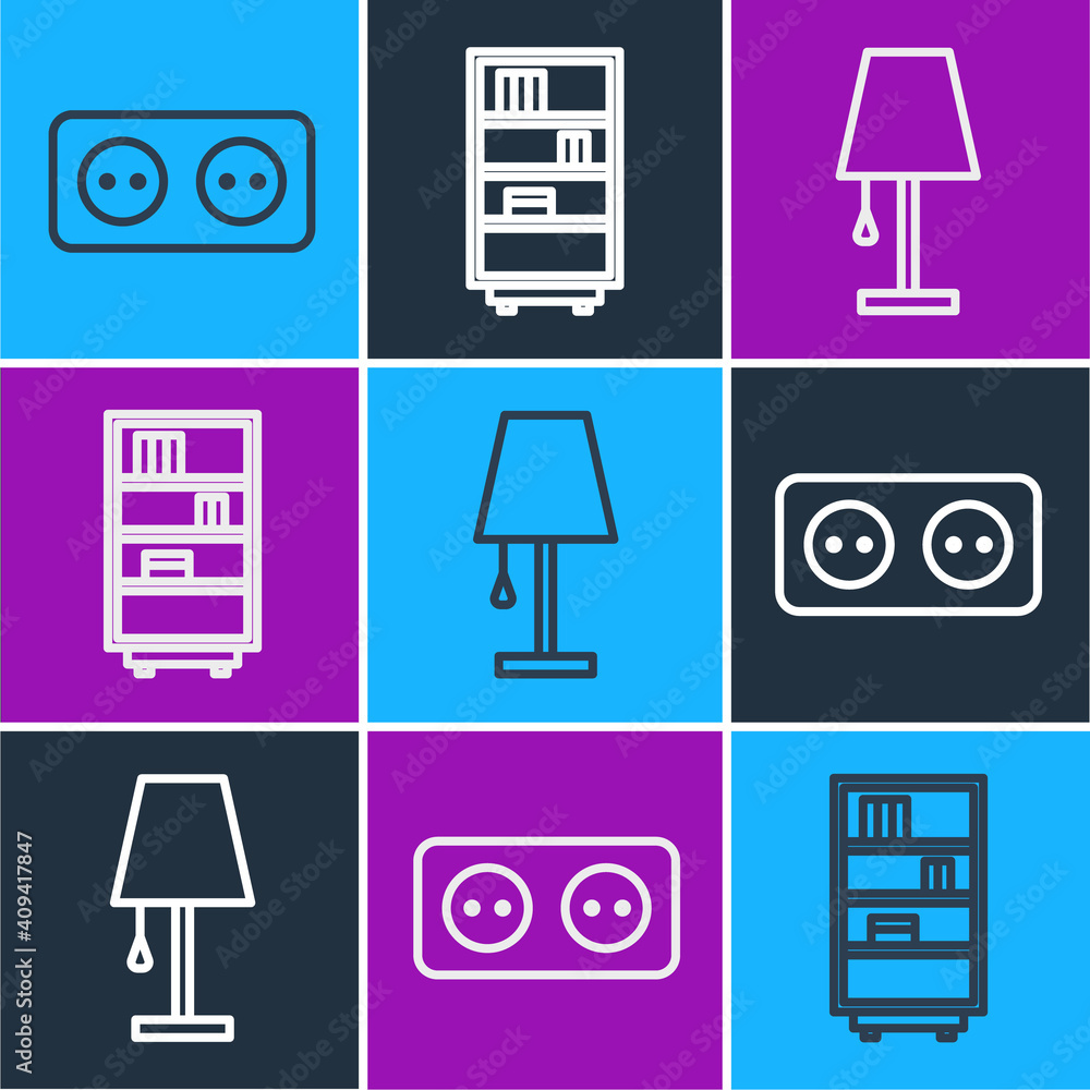 Set line Electrical outlet, Table lamp and Library bookshelf icon. Vector.