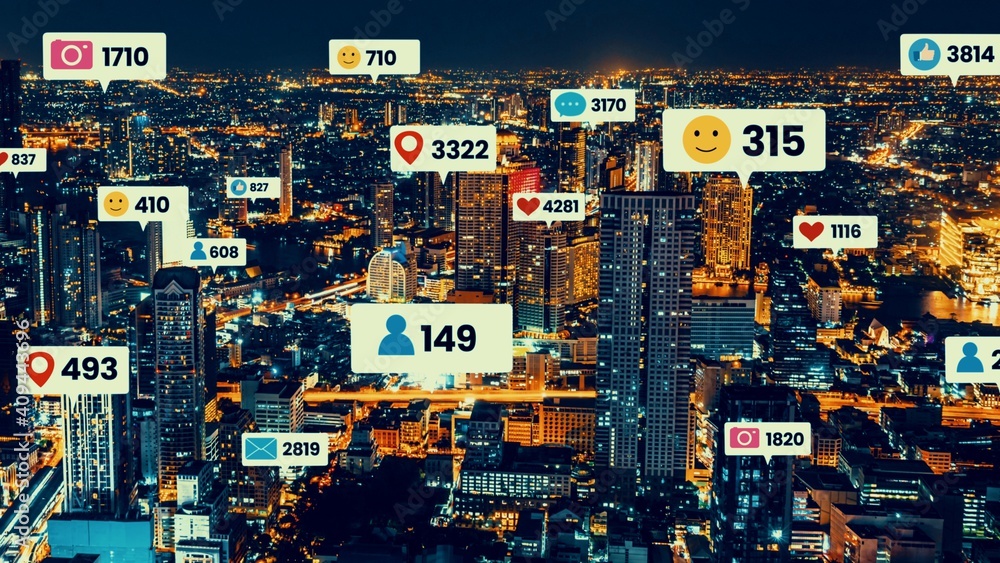 Social media icons fly over city downtown showing people engagement connection through social networ