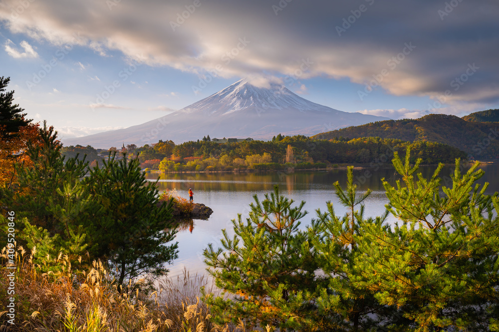 Beautiful Autumn scene of Mount Fuji at lake kawaguchiko in morning in Yamanashi, Japan