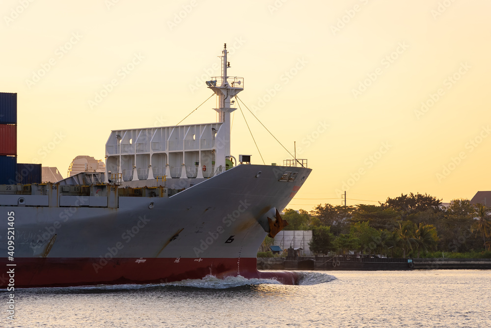 Close up freight vessel offshore at sunrise in Bangkok Thailand