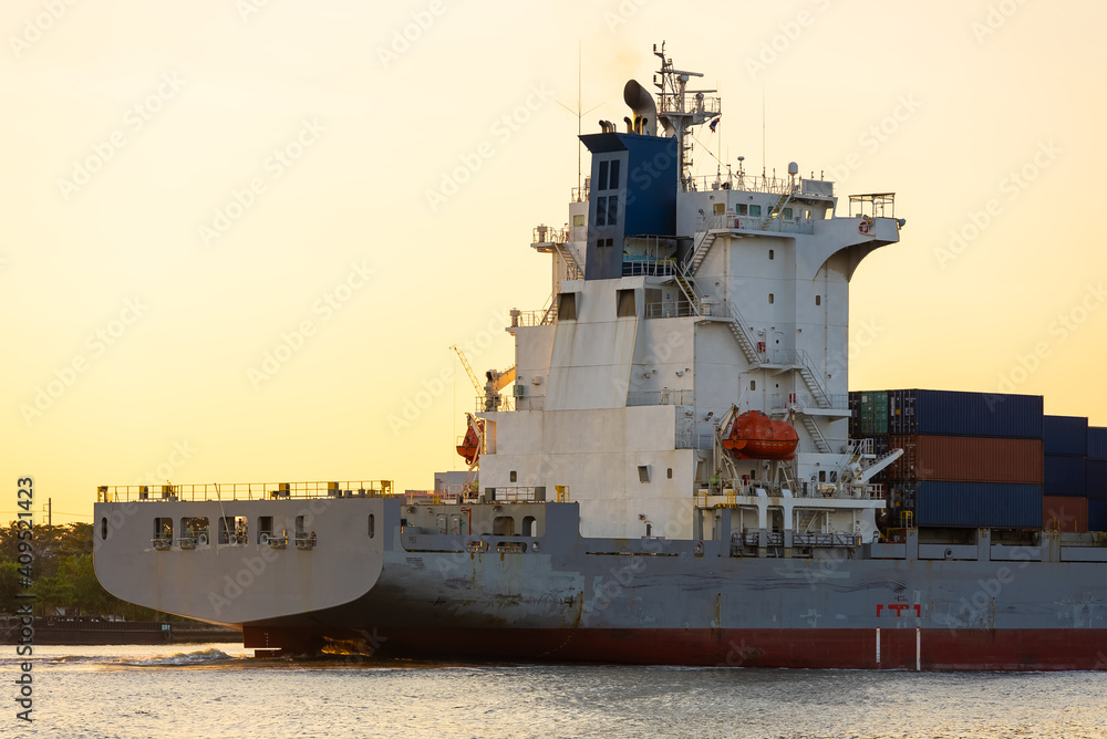 Close up freight vessel offshore at sunrise in Bangkok Thailand