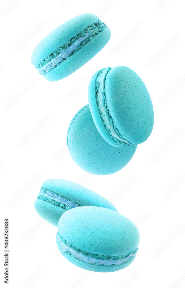 Five falling light blue macaroons isolated on white background