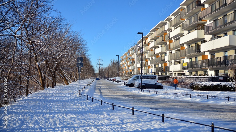 A modern residential area on a frosty winter morning.