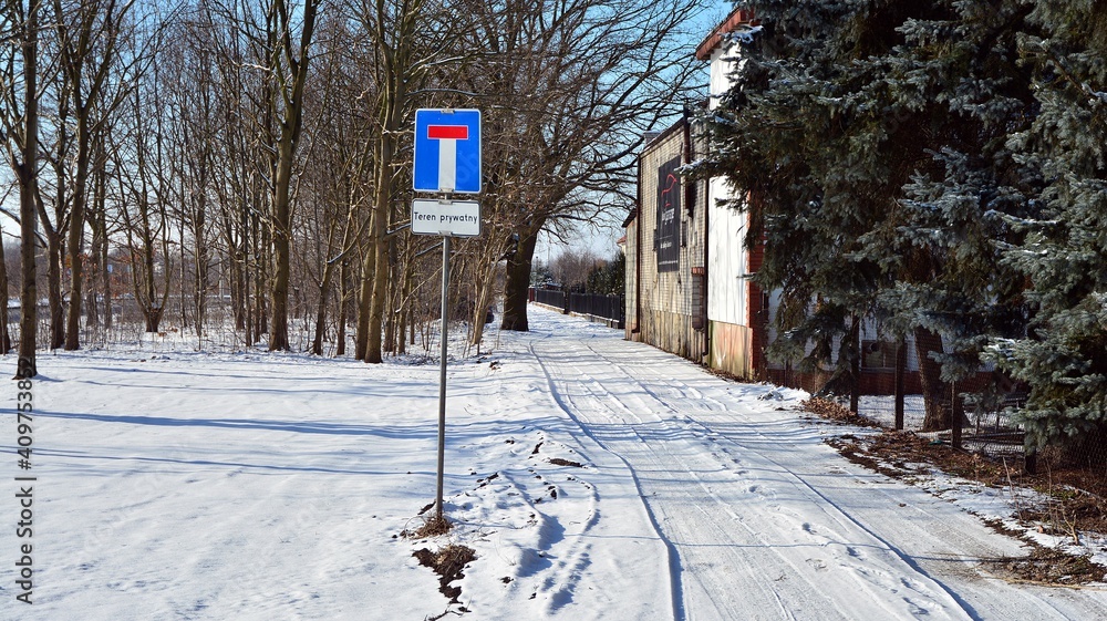 白色暴风雪期间郊区的居民区，道路被雪覆盖。