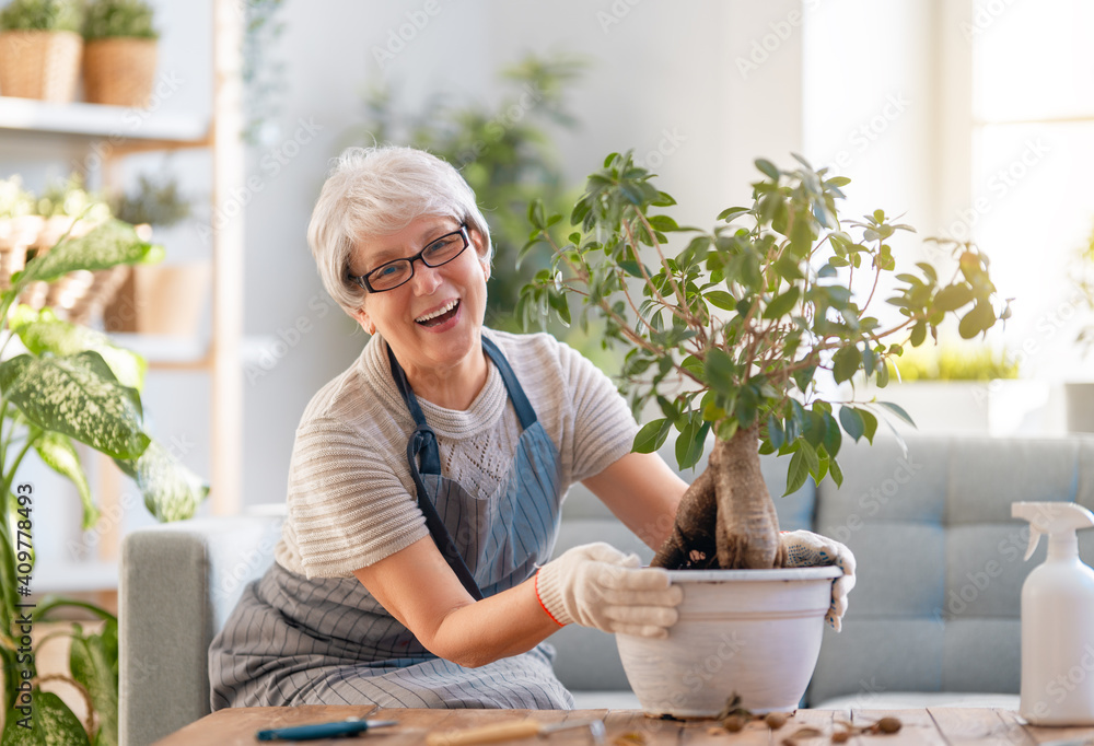 Woman caring for plants