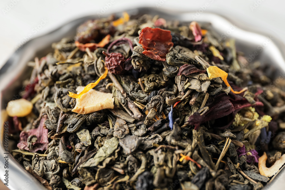 Dry fruit tea in bowl, closeup